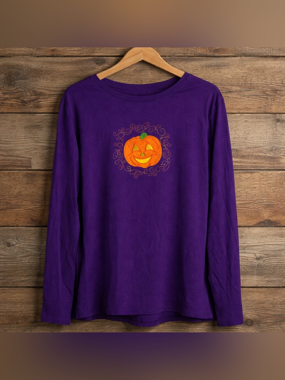 Halloween Pumpkin Shirt Womens Purple Long Sleeve Size XL 16/18 (Runs Small)